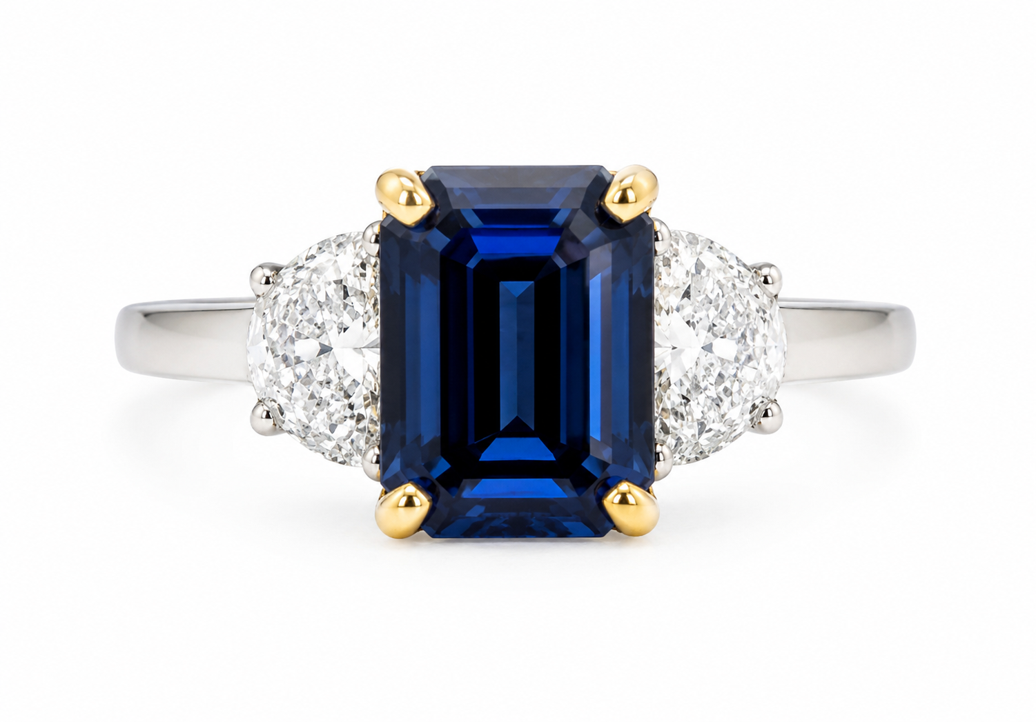 18K White & Yellow Gold Emerald Cut Sapphire Ring | 3.01 Carat Sapphire with Half-Moon Diamonds