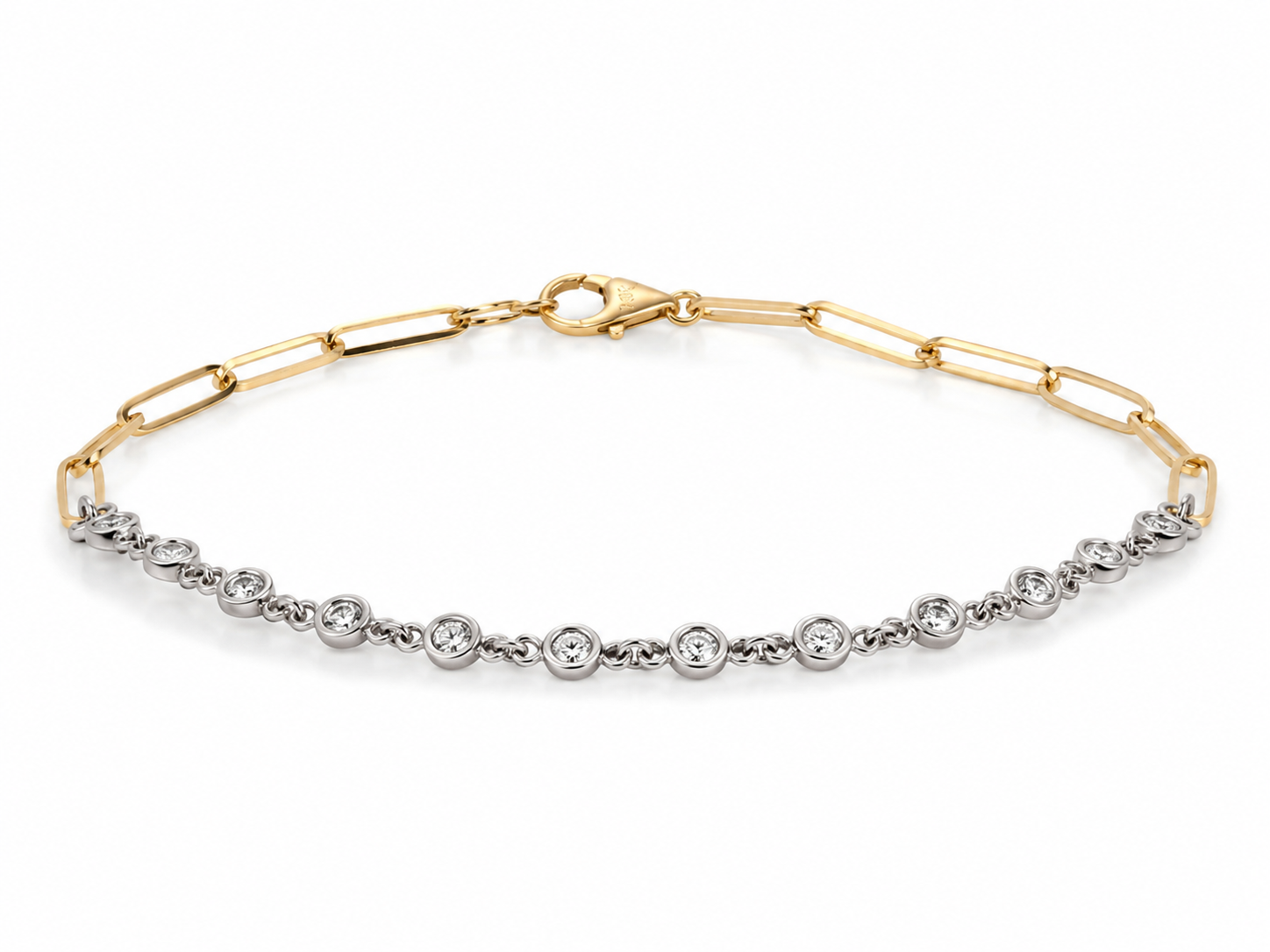 14K Yellow & White Gold Paperclip Diamond Bracelet | Bezel Set Diamond Bracelet | Stuart Kingston Jewelers